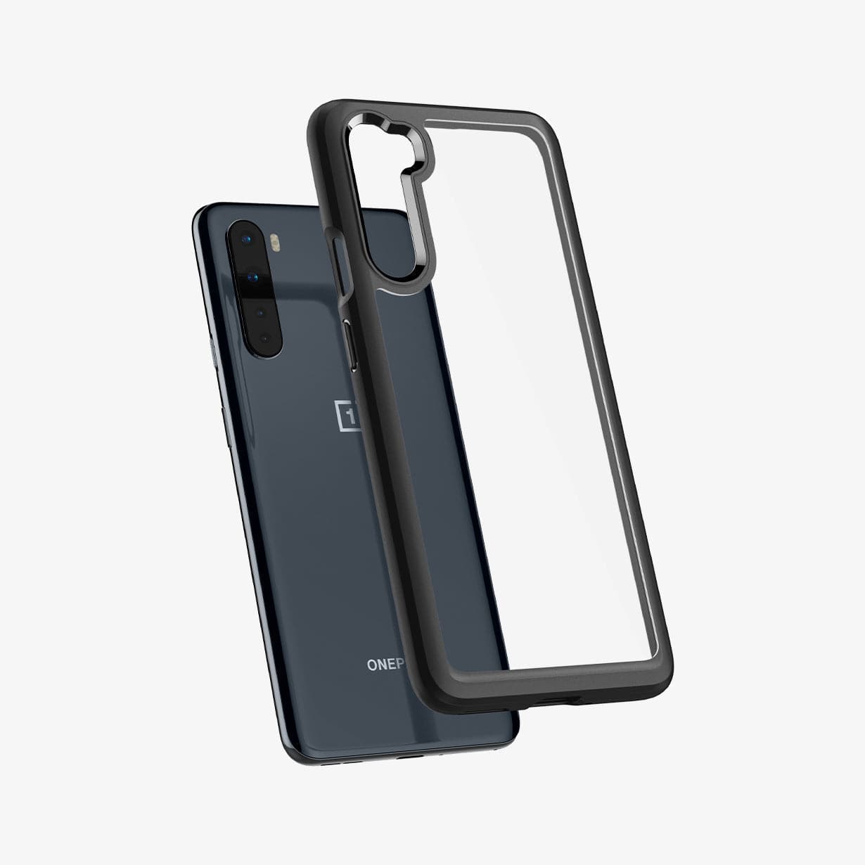 ACS00991 - OnePlus Nord Ultra Hybrid Case in Matte Black showing the transparent back case with black frame hovering in front of device