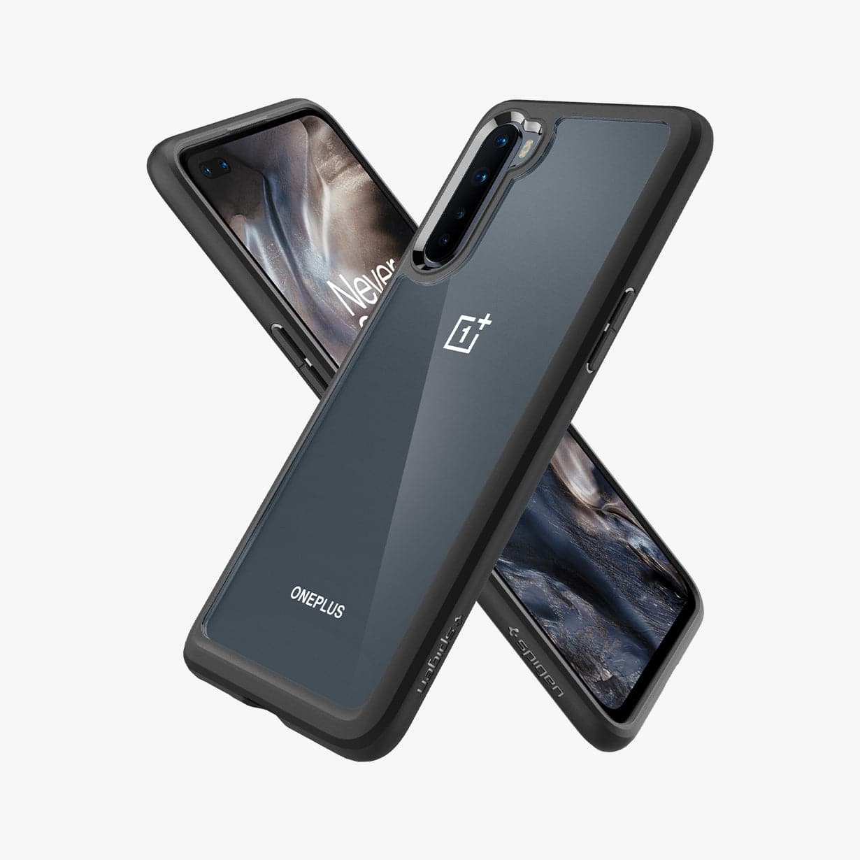 ACS00991 - OnePlus Nord Ultra Hybrid Case in Matte Black showing the back, partial side, next to it showing the front and partial side