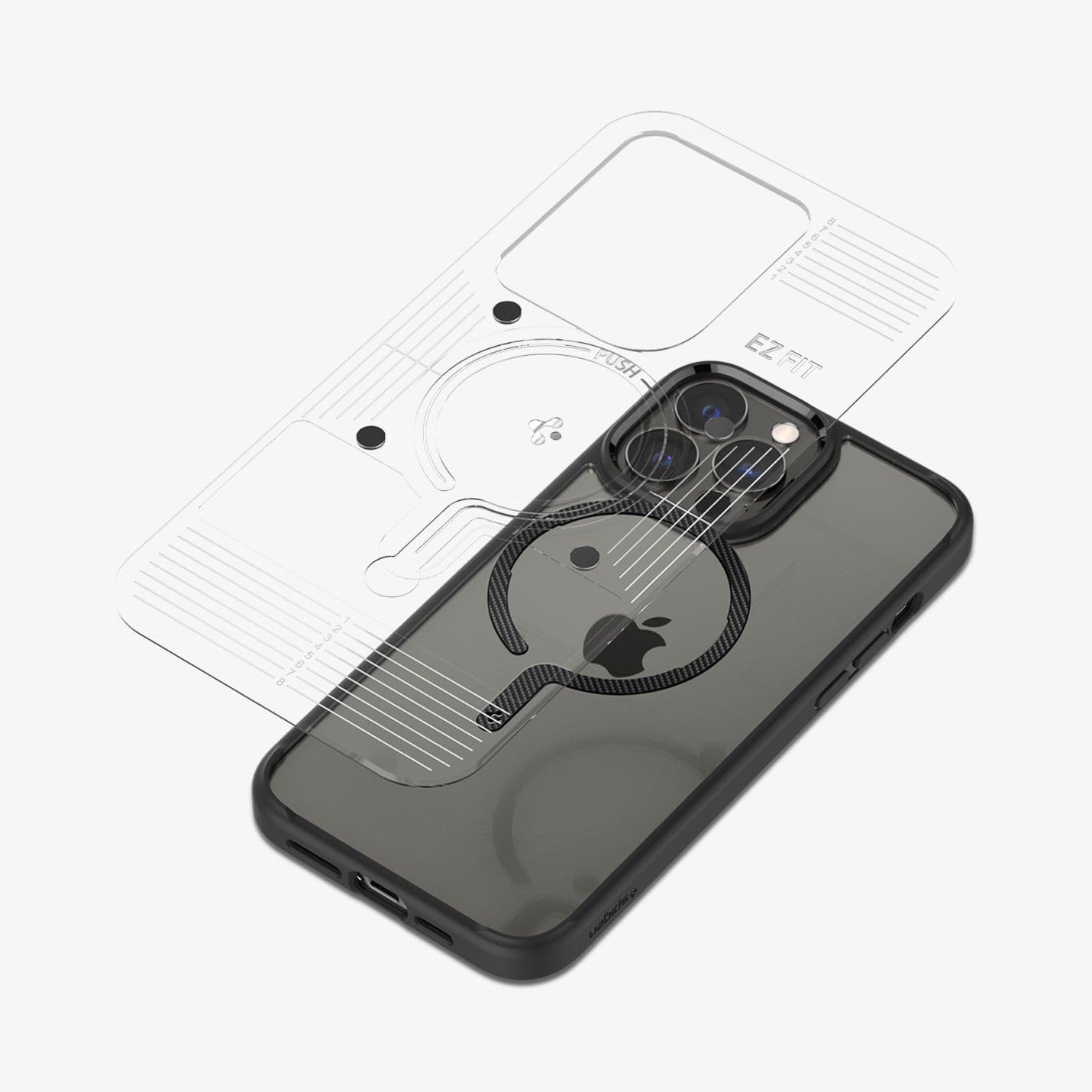 ACP03804 - OneTap MagSafe Metal Plate (MagFit) in carbon showing the ez fit tray and metal plate hovering above the back of a device