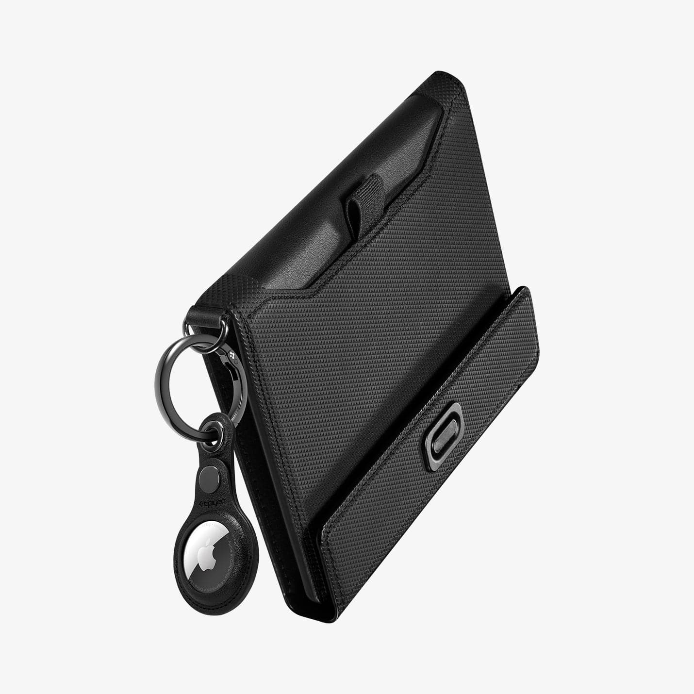 AFA05538 - Passport Holder in black showing the back, side and airtag on attached keychain