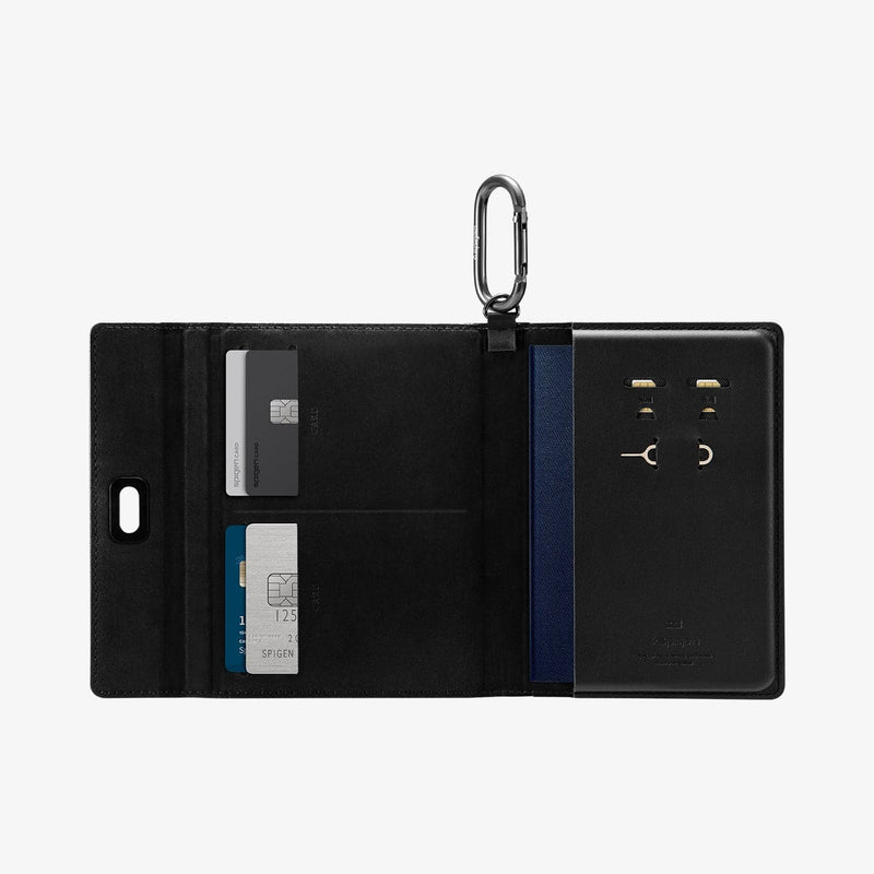 AFA05538 - Passport Holder in black showing the inside of multiple slots for passport and cards