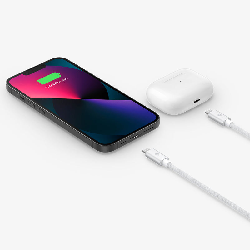 ACA04467 - ArcWire™ USB-C to Lightning Cable PB2200 in white showing the cable hovering close to phone and airpods to show multiple device type charging capabilities