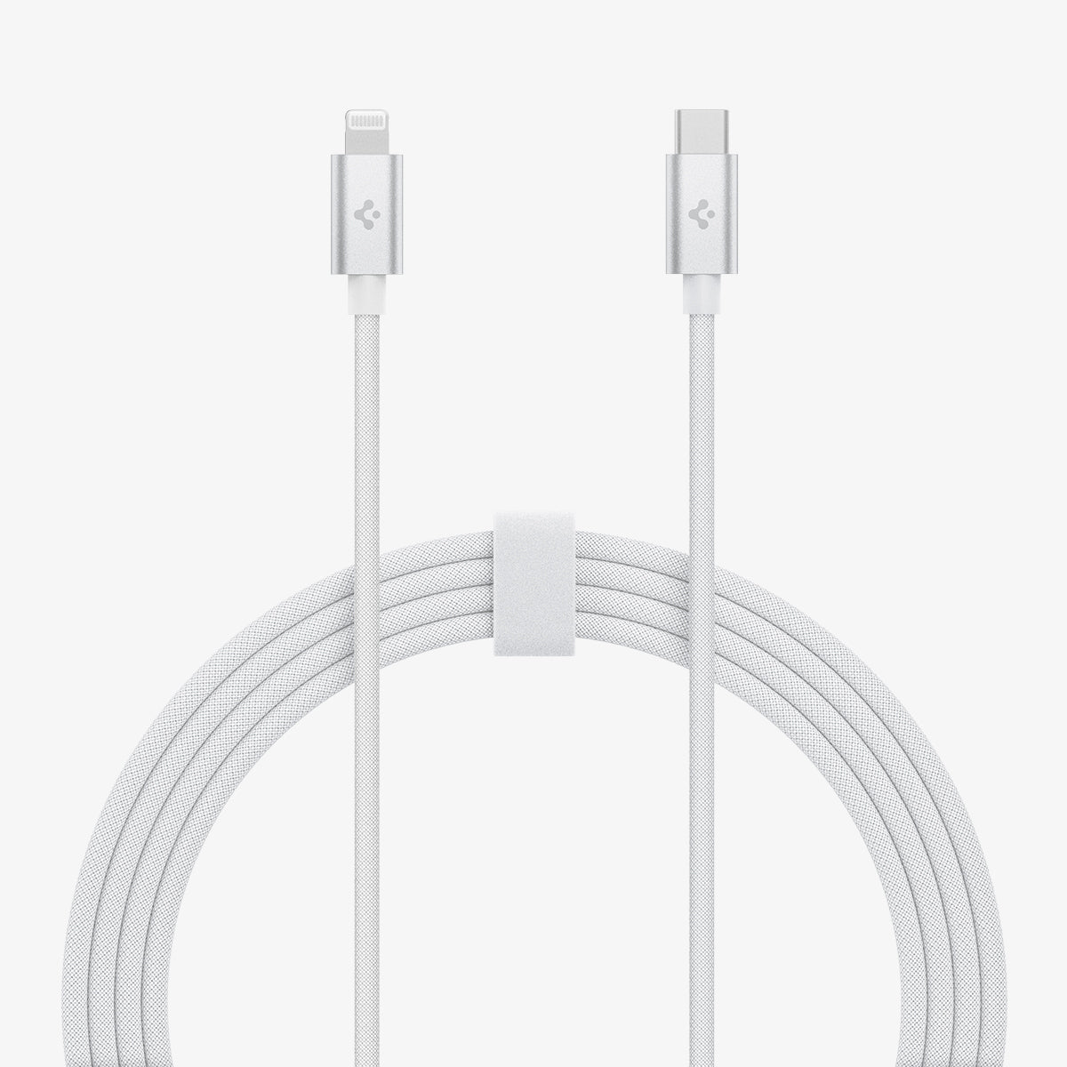 ACA04467 - ArcWire™ USB-C to Lightning Cable PB2200 in white showing both ends of the cable and the remainder of the cable neatly within cable organizer