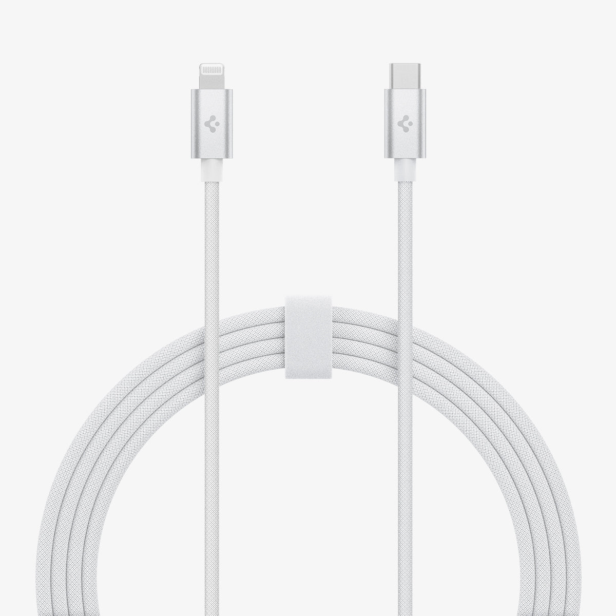 ACA04467 - ArcWire™ USB-C to Lightning Cable PB2200 in white showing both ends of the cable and the remainder of the cable neatly within cable organizer