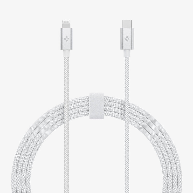 ACA04467 - ArcWire™ USB-C to Lightning Cable PB2200 in white showing both ends of the cable and the remainder of the cable neatly within cable organizer