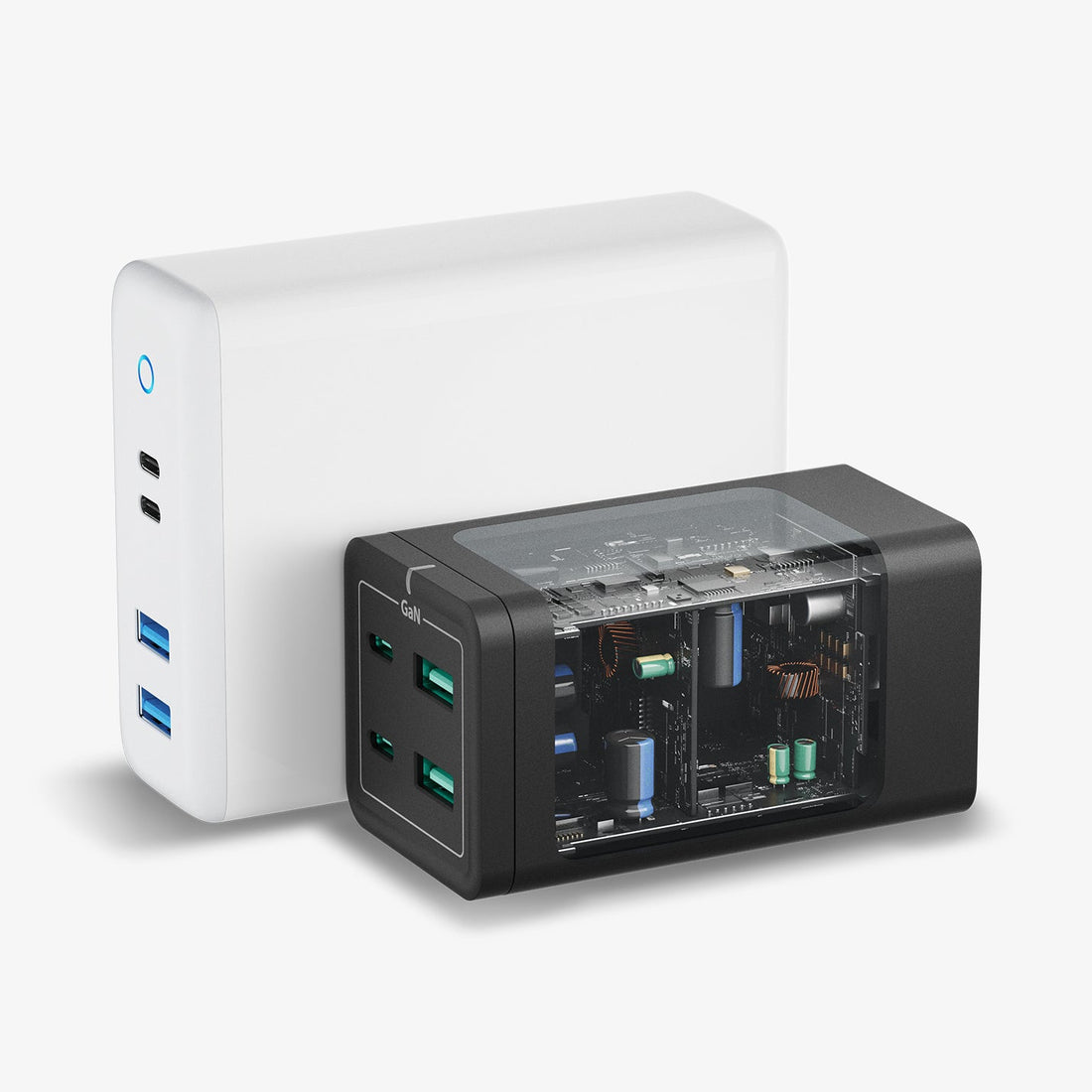 ACH03786 - Spigen ArcDock 120W Desktop Charger PD2100 in black showing the front and side with power cable next to it