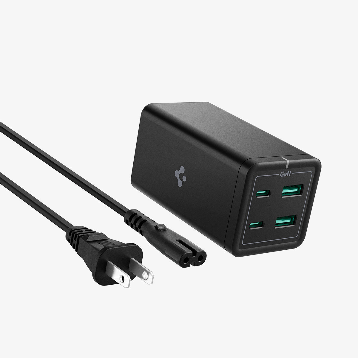 ACH03786 - Spigen ArcDock 120W Desktop Charger PD2100 in black showing the front and side with power plug next to it