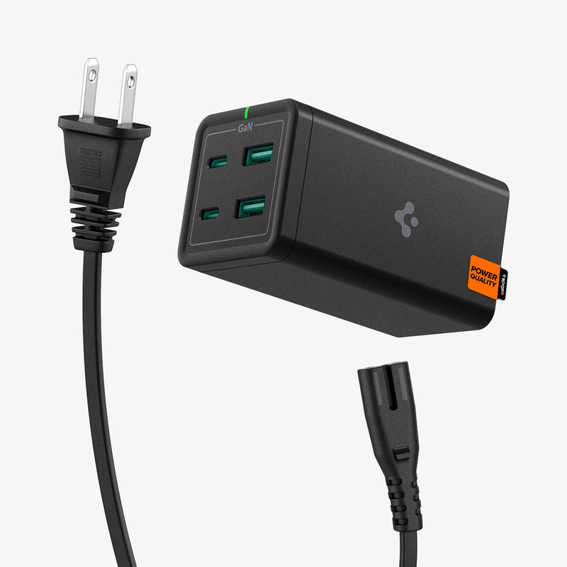 ACH03786 - Spigen ArcDock 120W Desktop Charger PD2100 in black showing the front and side with power cable underneath