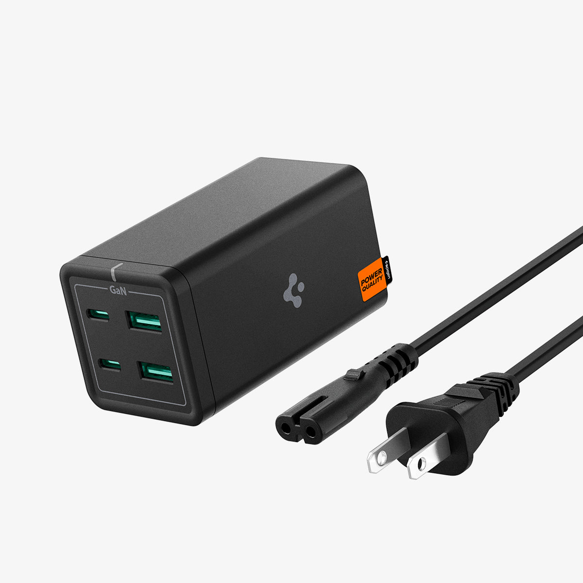 ACH03786 - Spigen ArcDock 120W Desktop Charger PD2100 in black showing the front and side with power cable next to it