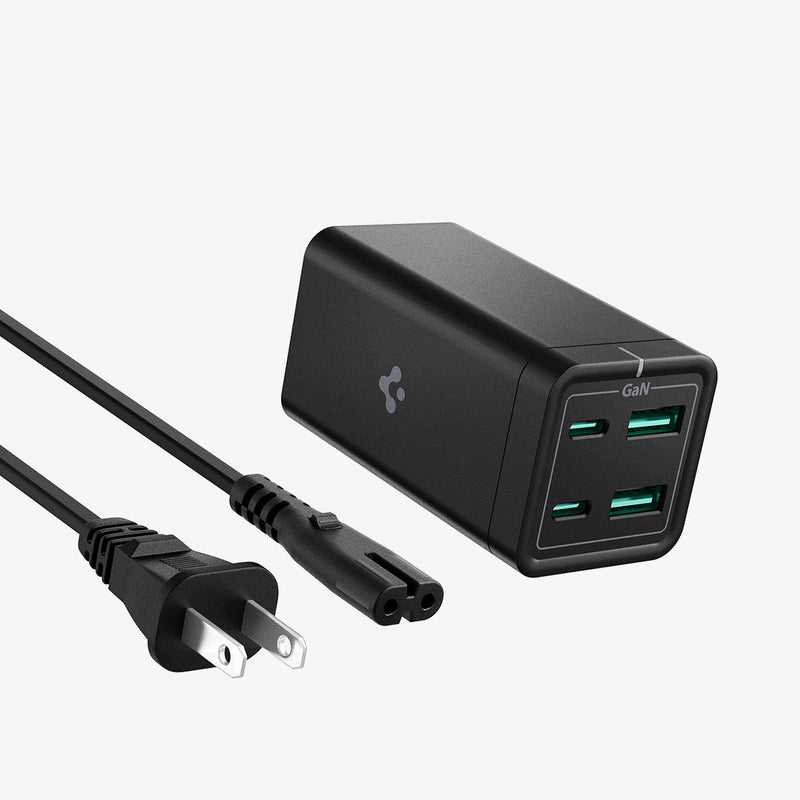 ACH03787 - Spigen ArcDock 65W Desktop Charger PD2101 in black showing the front and side with power cable next to it