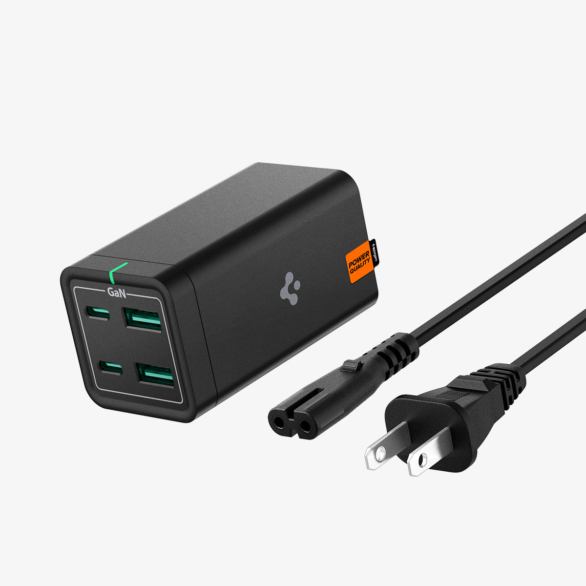 ACH03787 - Spigen ArcDock 65W Desktop Charger PD2101 in black showing the front, side and top with power cable next to it