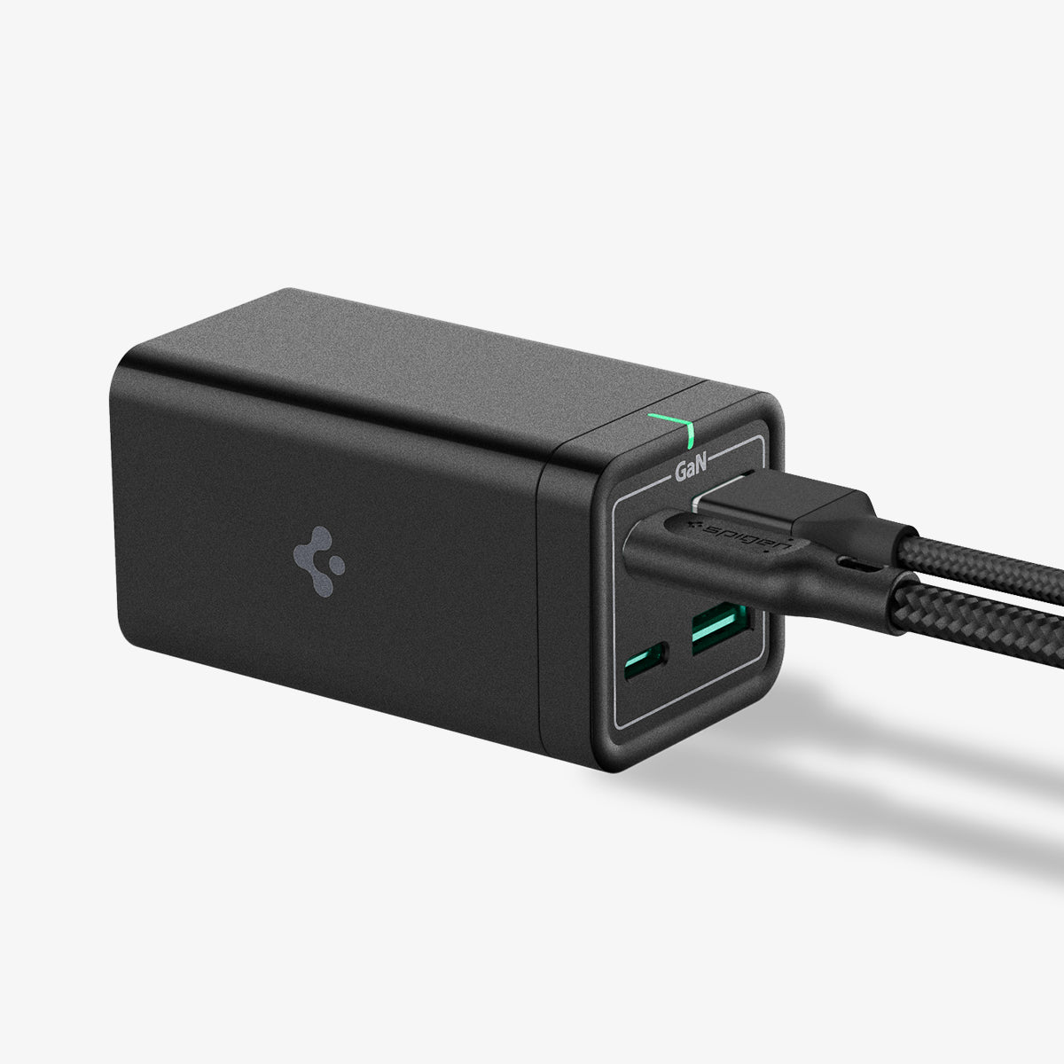 ACH03787 - Spigen ArcDock 65W Desktop Charger PD2101 in black showing the front and side with two charging cables inserted