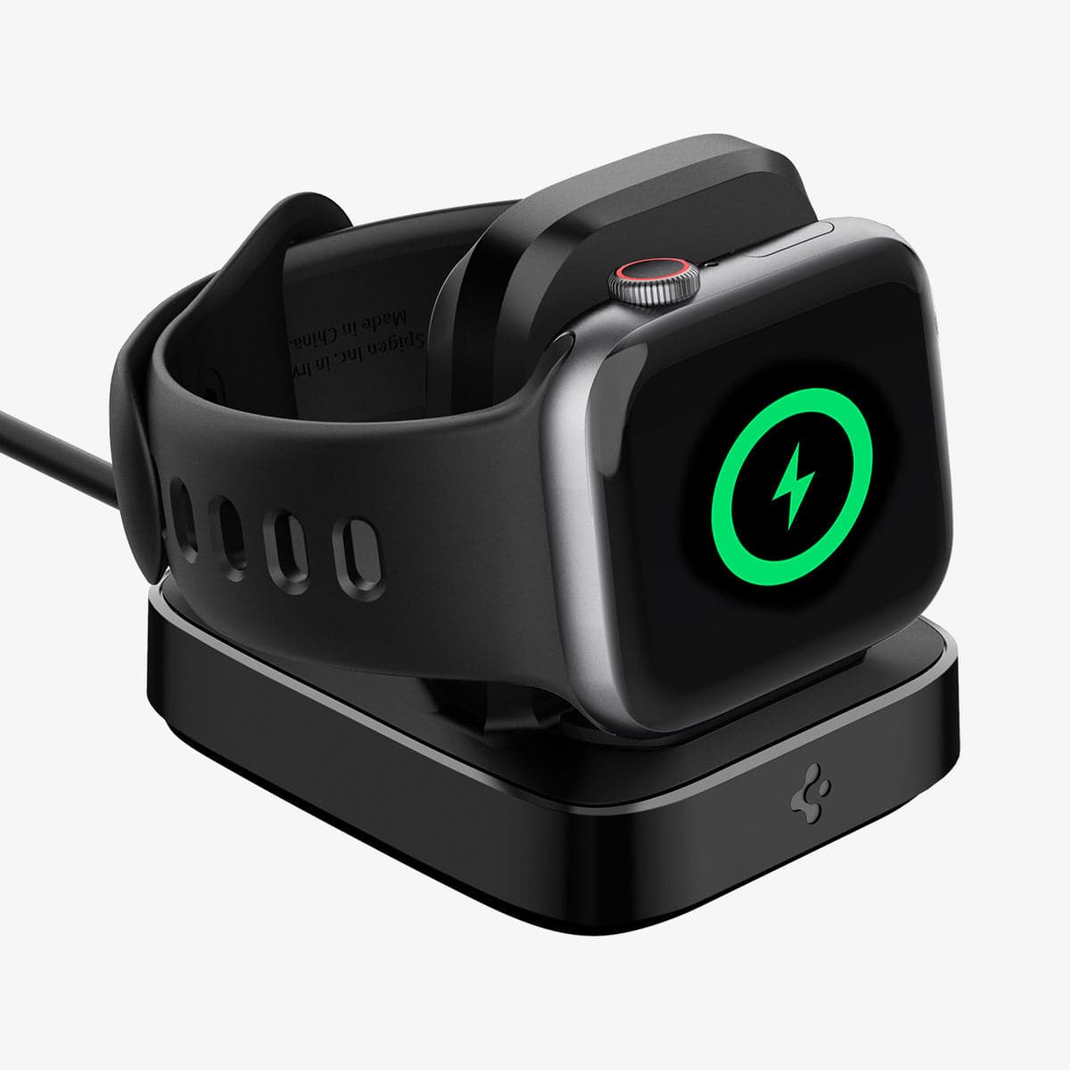 000CH25522 - Apple Watch ArcField™ Wireless Charger PF2002 in black showing the front, side and top with apple watch charging on stand