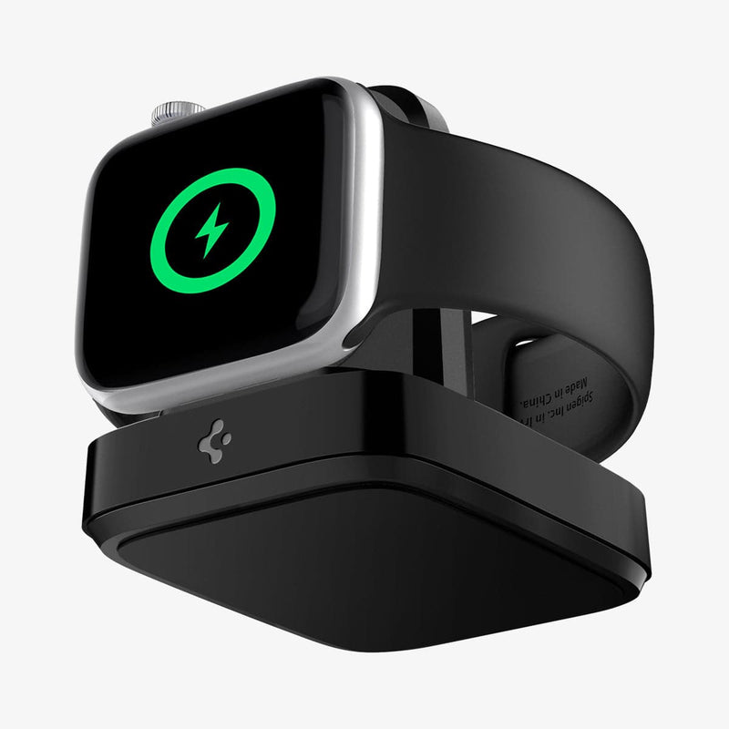 000CH25522 - Apple Watch ArcField™ Wireless Charger PF2002 in black showing the front, side and bottom with apple watch on stand charging