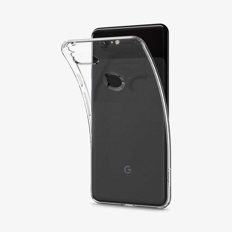 F19CS25032 - Pixel 3 Case Liquid Crystal in crystal clear showing the back with case bending away from device to show the flexibility