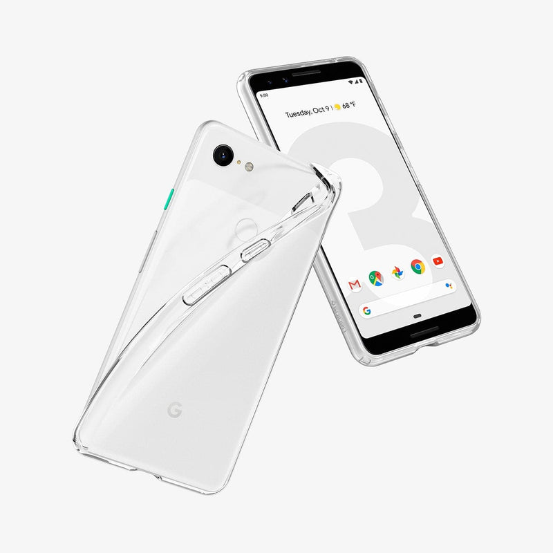 F19CS25032 - Pixel 3 Case Liquid Crystal in crystal clear showing the back and front with case bending away from device