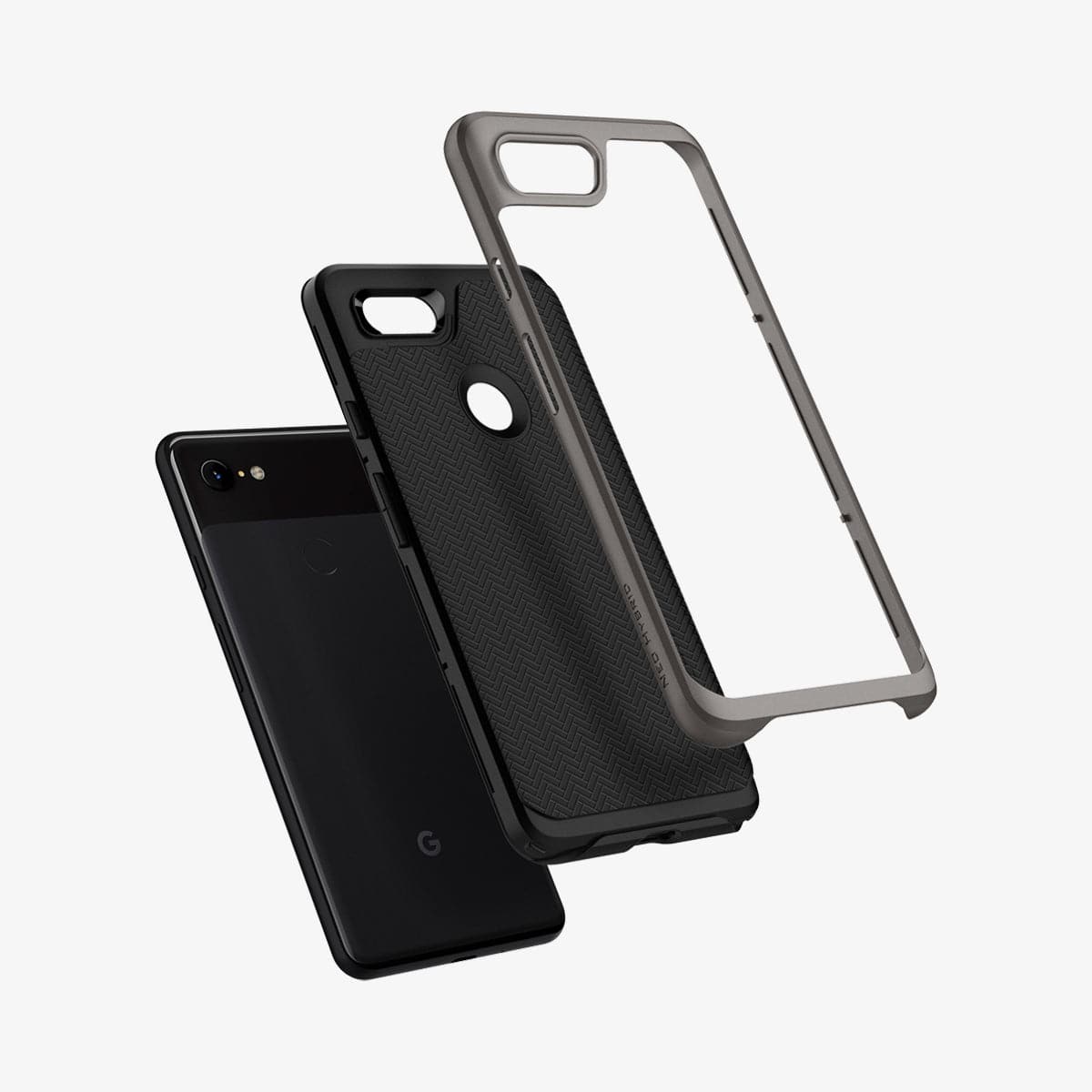 F19CS25036 - Pixel 3 Series Case Neo Hybrid in gunmetal showing the multiple layers of case hovering away from device