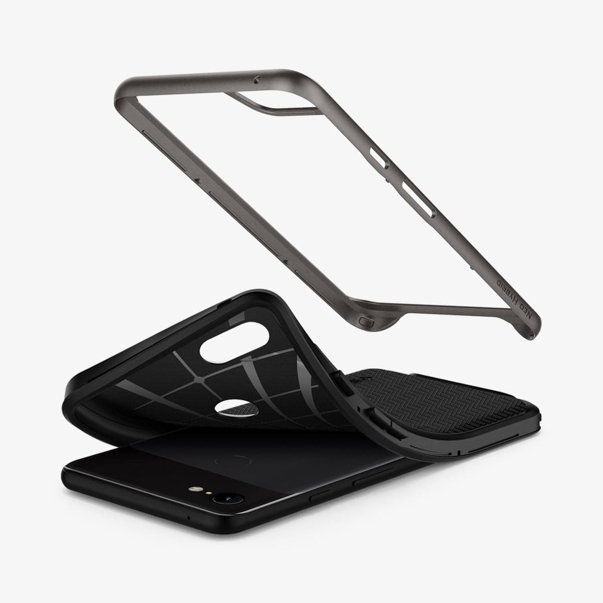 F19CS25036 - Pixel 3 Series Case Neo Hybrid in gunmetal showing the case bending away from device and hard pc hovering above