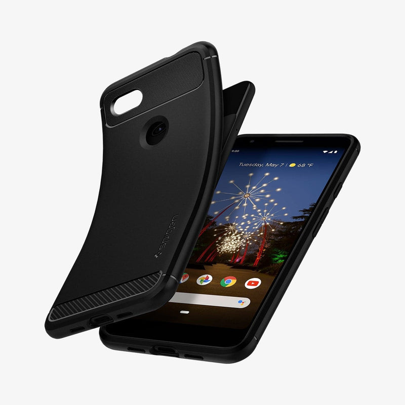 F23CS25960 - Pixel 3a Case Rugged Armor in matte black showing the back and front with case bending away from device