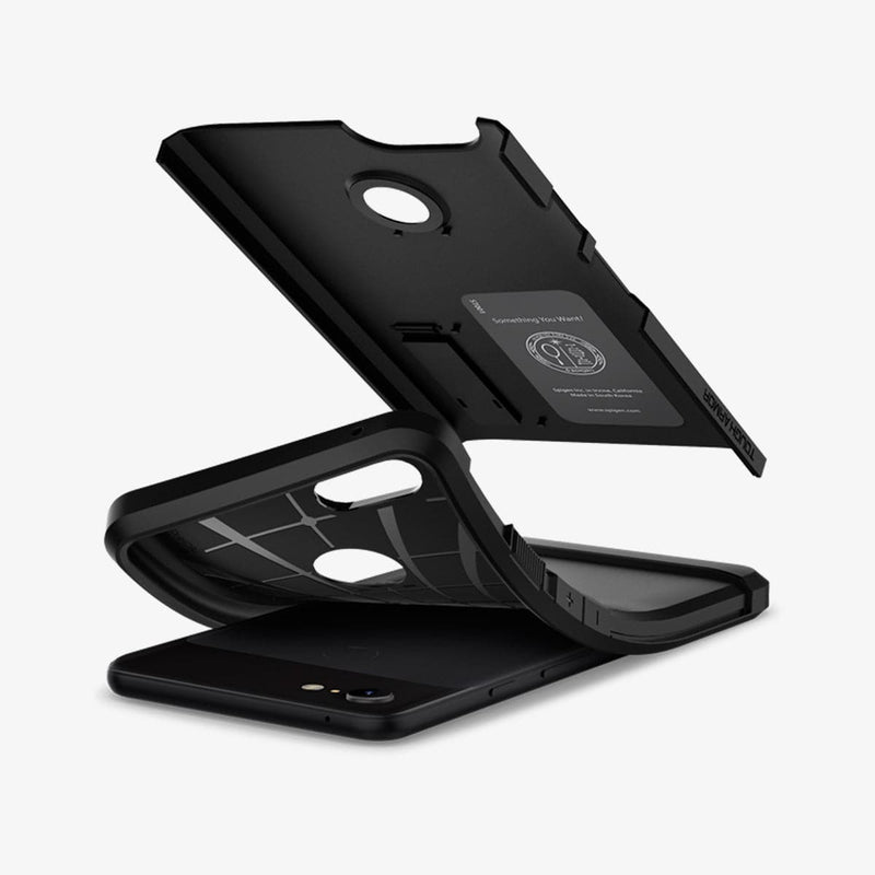 F20CS25024 - Pixel 3XL Case Tough Armor in black showing the case bending away from device and hard pc hovering above