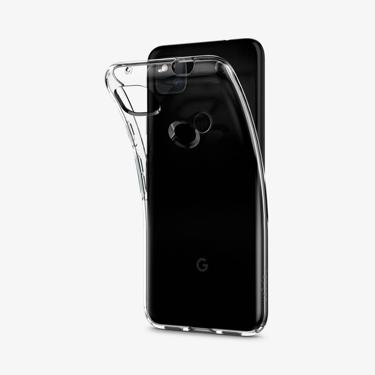 ACS01011 - Pixel 4a Case Liquid Crystal in crystal clear showing the back with case bending away from device to show the flexibility