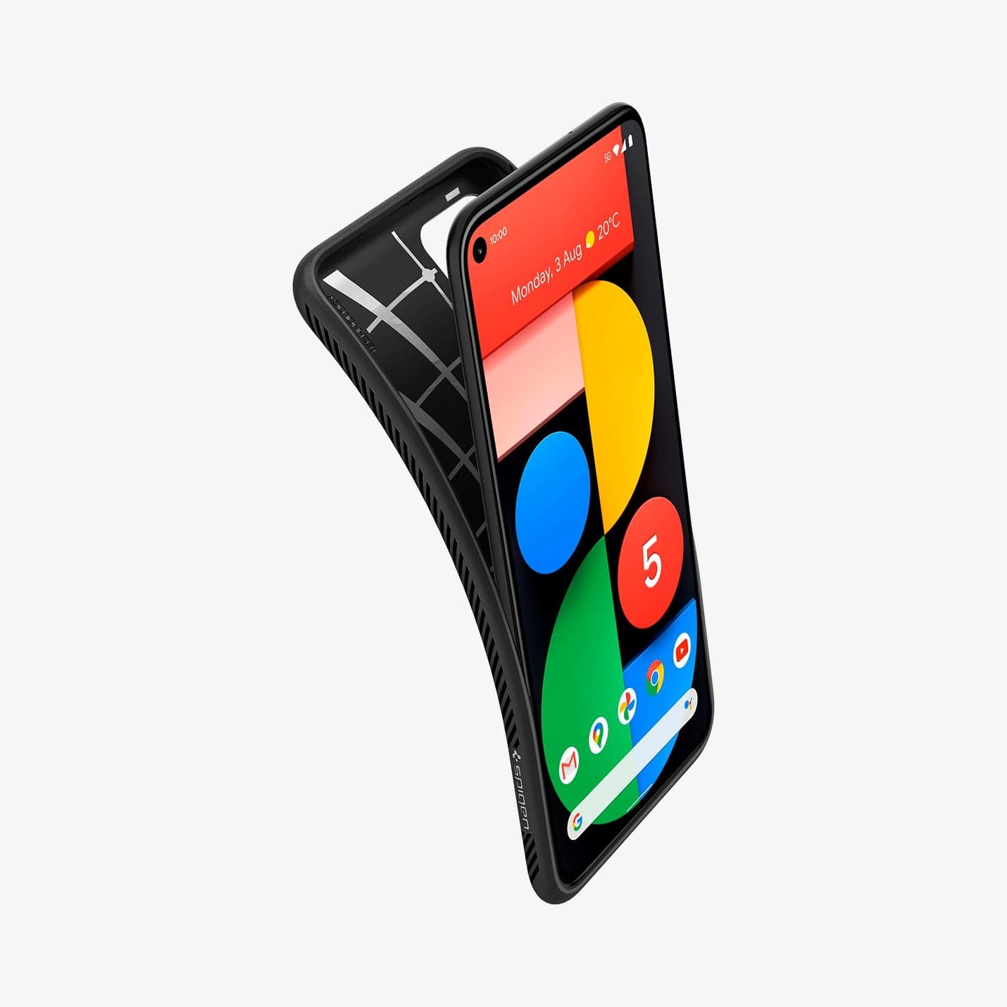 ACS01896 - Pixel 5 Case Liquid Air in black showing the case bending away from device to show the flexibility
