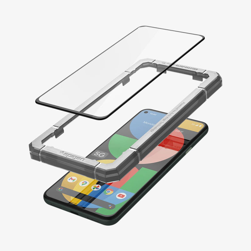 AGL03865 - Pixel 5a 5G Screen Protector AlignMaster GLAS.tR Full Cover in black showing the screen protector and alignment tray hovering above the device