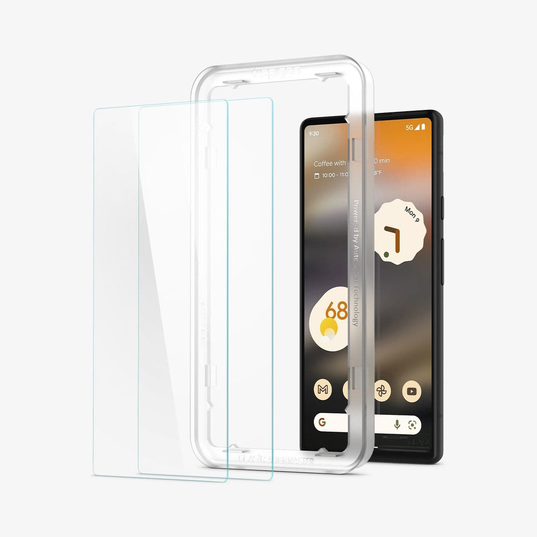 AGL04695 - Pixel 6a Screen Protector Alignmaster showing the device, alignmaster tray, two screen protectors