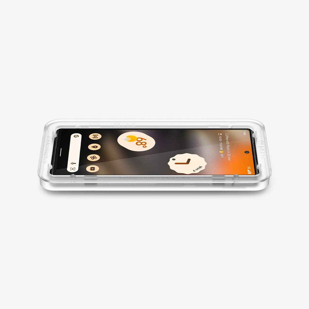 AGL04694 - Pixel 6a Screen Protector AlignMaster GLAS.tR Full Cover showing side and partial front view with device laying flat and alignmaster tray on device