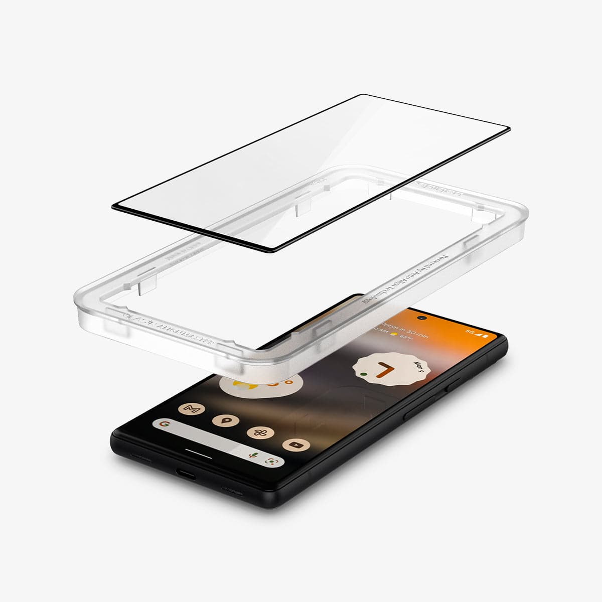 AGL04694 - Pixel 6a Screen Protector AlignMaster GLAS.tR Full Cover showing the device laying flat with alignmaster tray and screen protector hovering above