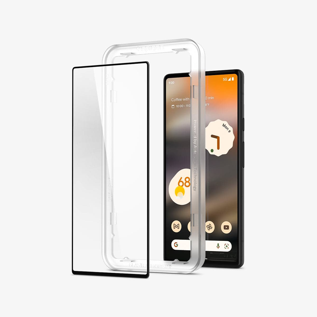 AGL04694 - Pixel 6a Screen Protector AlignMaster GLAS.tR Full Cover showing the alignment tray and screen protector slightly in front of device