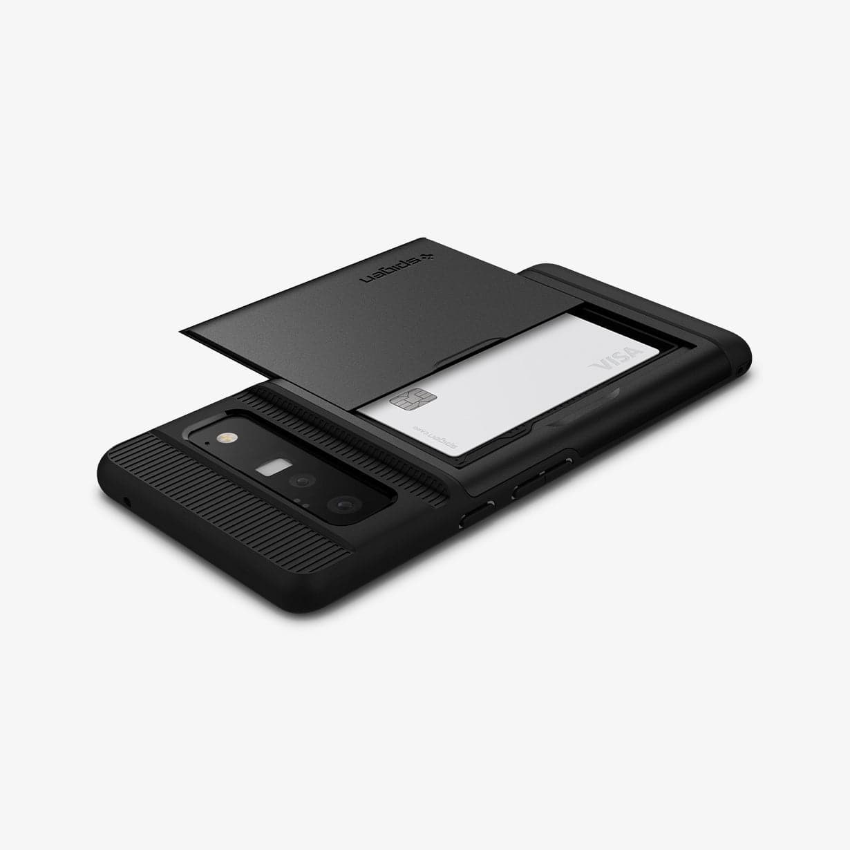 ACS03459 - Pixel 6 Pro Case Slim Armor CS in black showing the top, side and back with card slot open and card inside