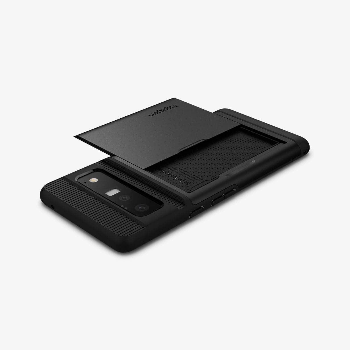 ACS03459 - Pixel 6 Pro Case Slim Armor CS in black showing the top, side and back with card slot open and empty