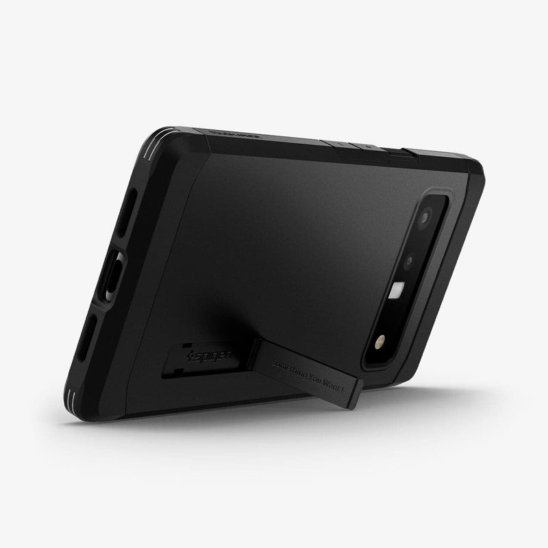 ACS03461 - Pixel 6 Pro Case Tough Armor in black showing the back and bottom with device propped up horizontally by built in kickstand