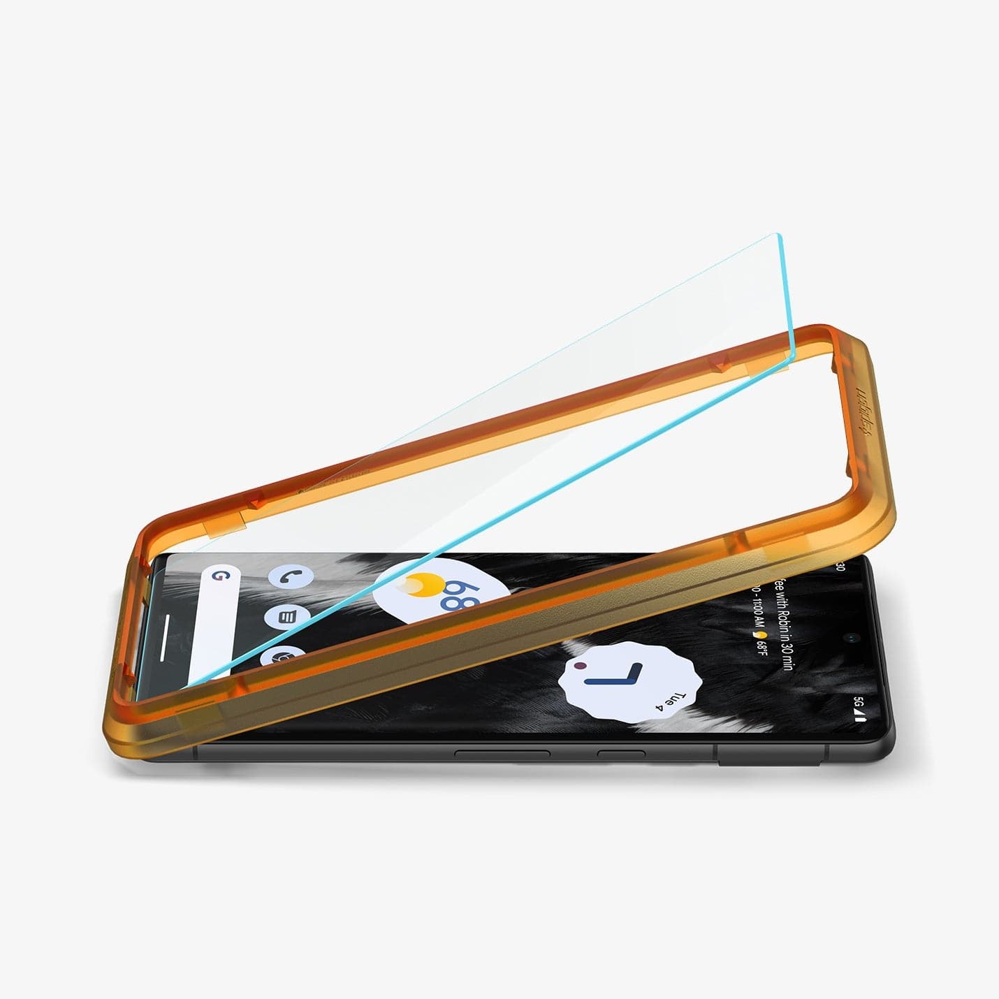 AGL05199 - Pixel 7 Screen Protector AlignMaster GLAS.tR showing the device laying flat and alignment tray with screen protector being installed onto it