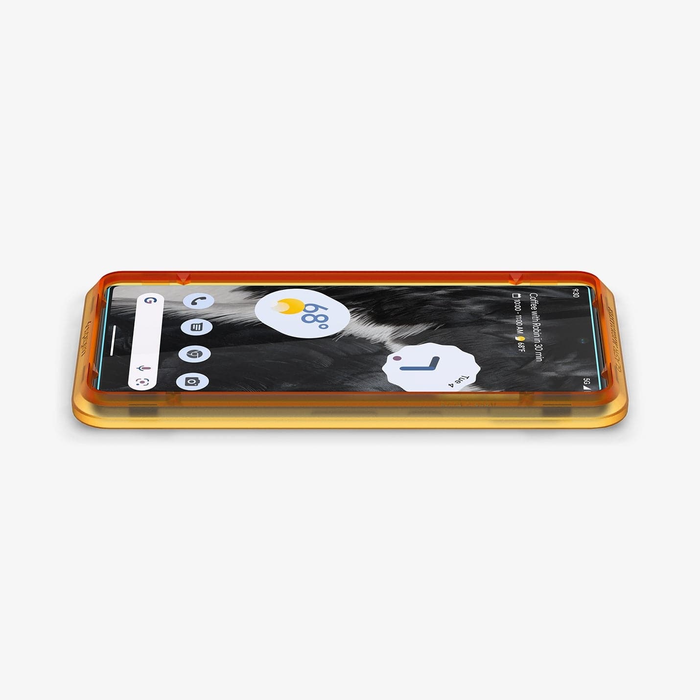 AGL05199 - Pixel 7 Screen Protector AlignMaster GLAS.tR showing the device laying flat and alignment tray installed onto device