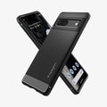 ACS04698 - Pixel 7 Case Rugged Armor in matte black showing the back, front and sides