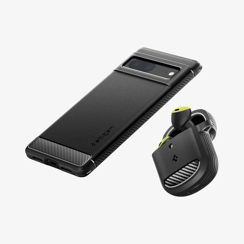ACS04698 - Pixel 7 Case Rugged Armor in matte black showing the back and side and pixel buds rugged armor case next to device
