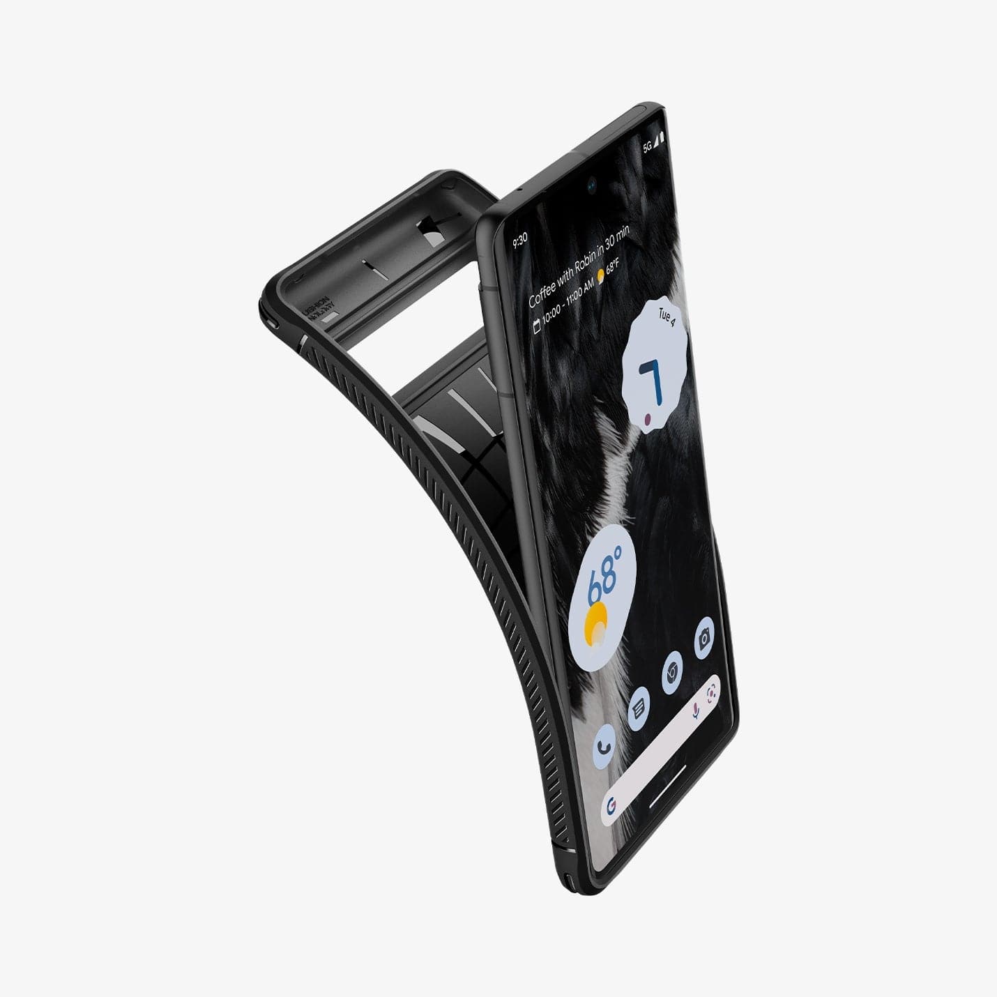 ACS04698 - Pixel 7 Case Rugged Armor in matte black showing the back bending away from device to show the flexibility