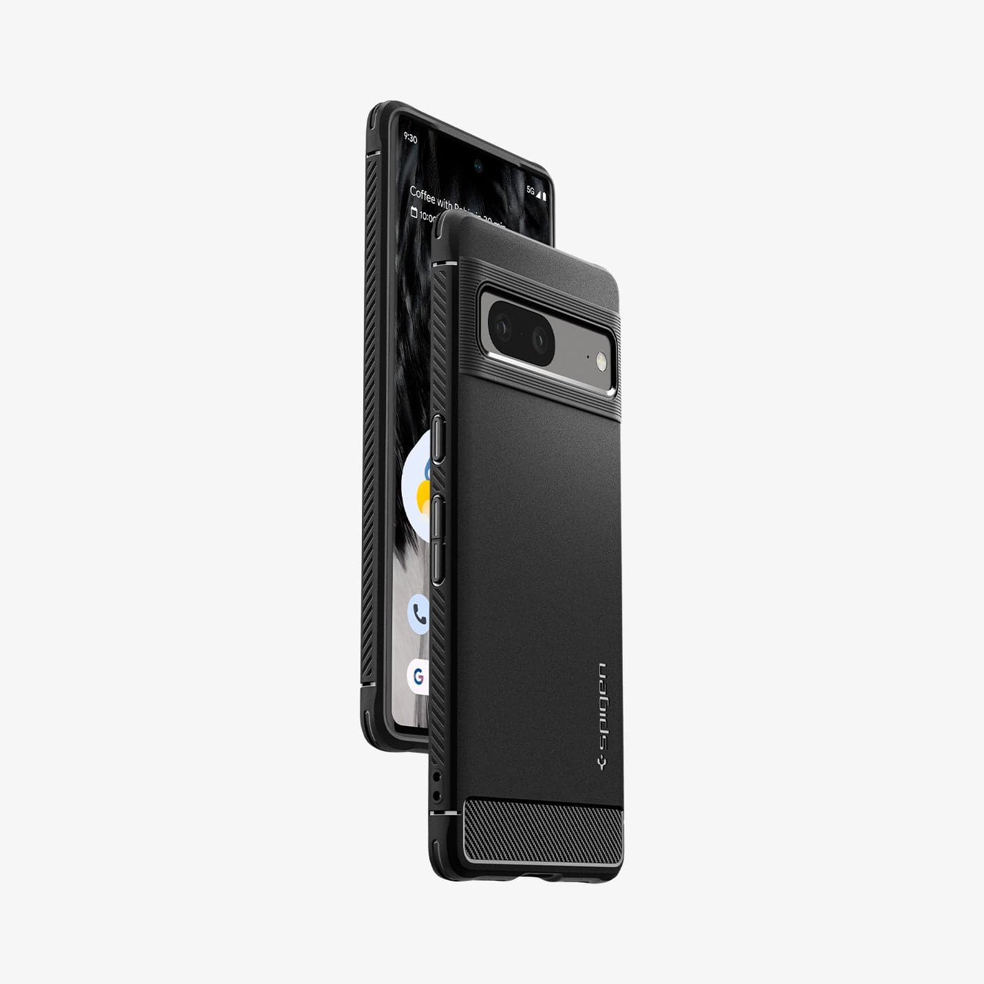 ACS04698 - Pixel 7 Case Rugged Armor in matte black showing the sides, partial front and back