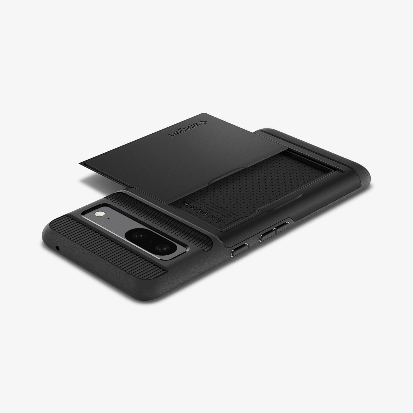 ACS04704 - Pixel 7 Case Slim Armor CS in black showing the back and side with device laying flat