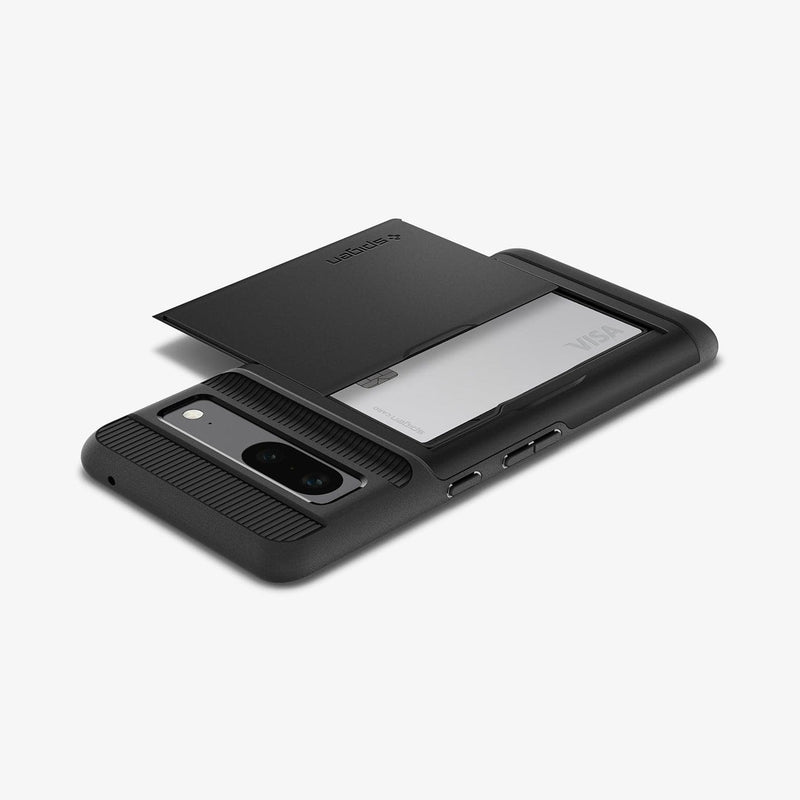 ACS04704 - Pixel 7 Case Slim Armor CS in black showing the back and side with device laying flat with card in slot