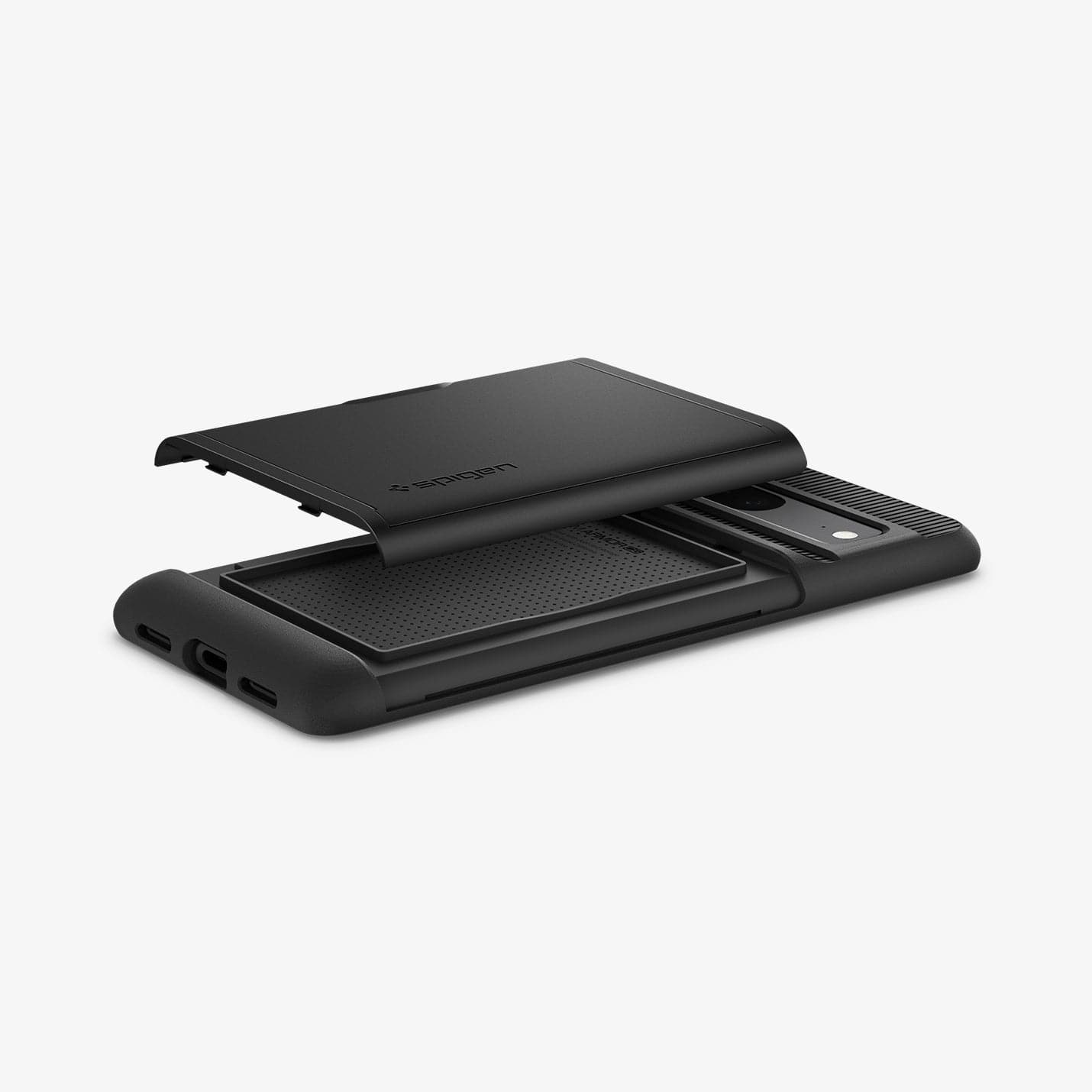 ACS04704 - Pixel 7 Case Slim Armor CS in black showing the back card slot slightly hovering above back of device