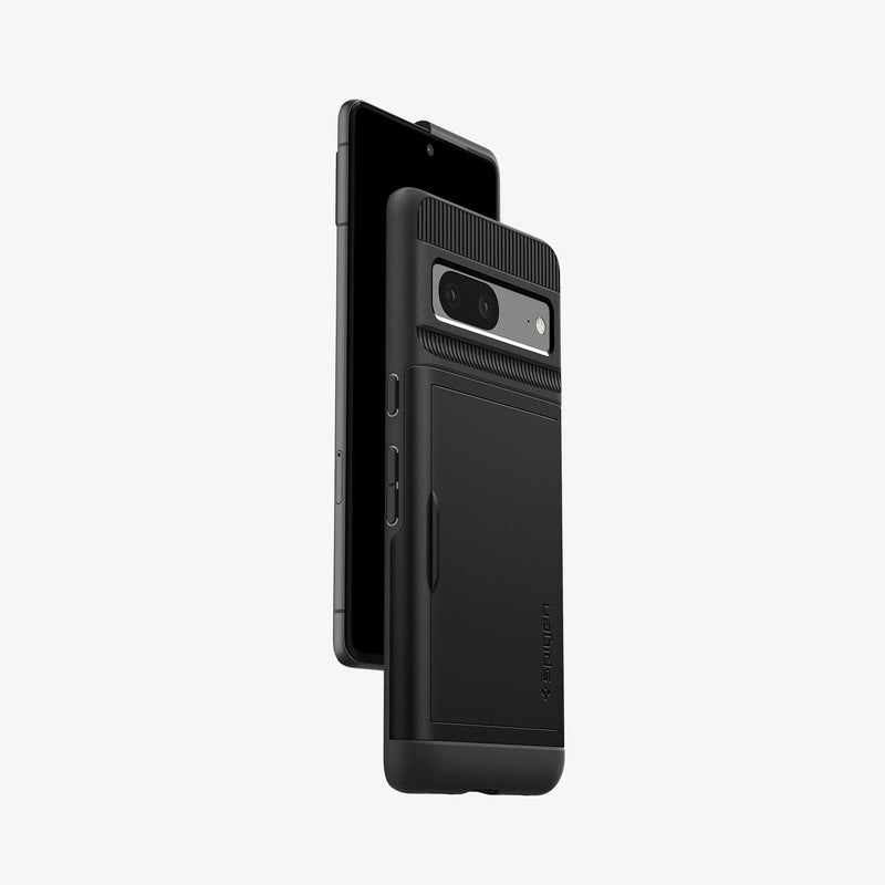 ACS04704 - Pixel 7 Case Slim Armor CS in black showing the back, sides and partial front with case half cut