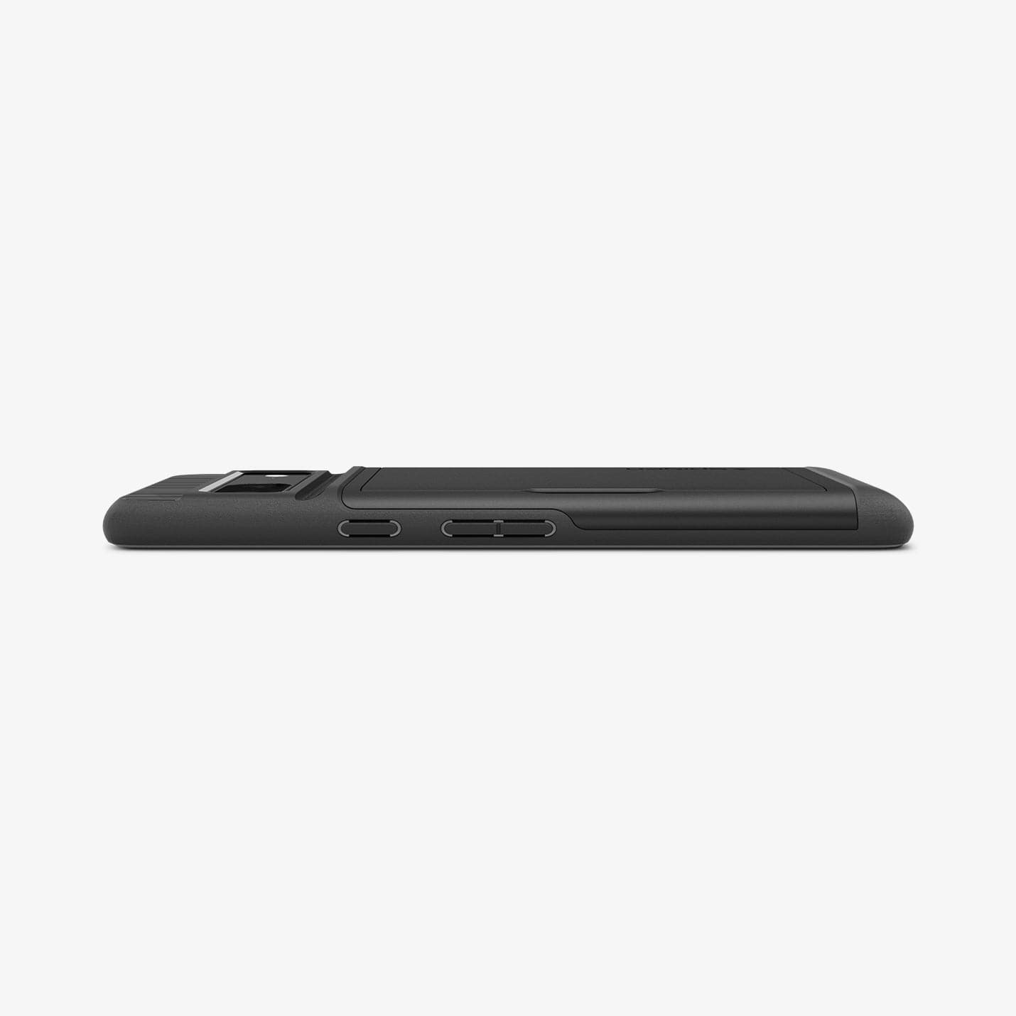 ACS04704 - Pixel 7 Case Slim Armor CS in black showing the side and partial back with device laying flat