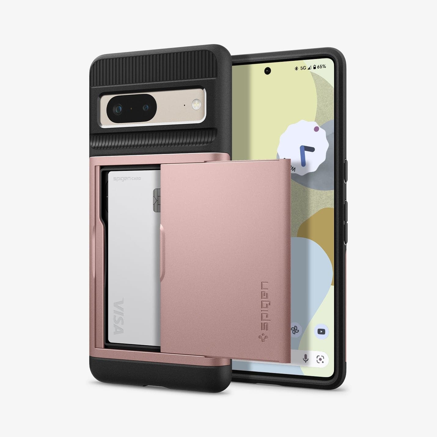 ACS04705 - Pixel 7 Case Slim Armor CS in rose gold showing the back and front with card in slot