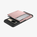 ACS04705 - Pixel 7 Case Slim Armor CS in rose gold showing the back and side with device laying flat with card in slot