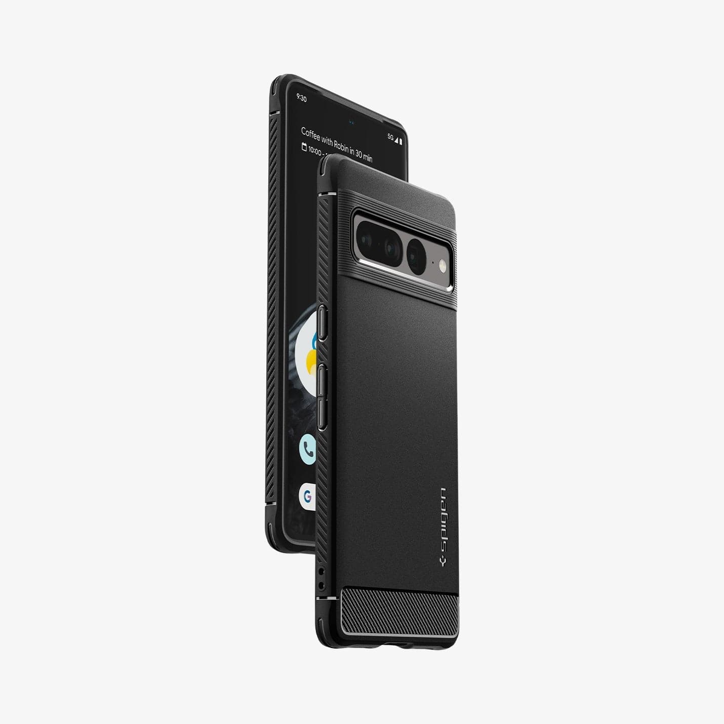 ACS04725 - Pixel 7 Pro Case Rugged Armor in matte black showing the sides, partial back and front