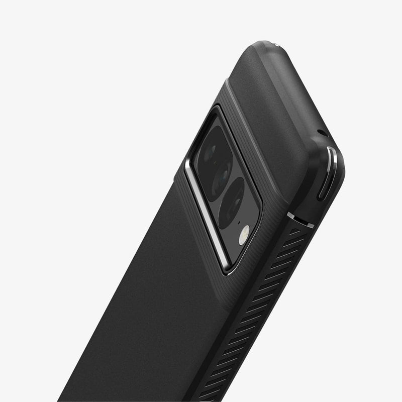 ACS04725 - Pixel 7 Pro Case Rugged Armor in matte black showing the back and partial side zoomed in on camera lens