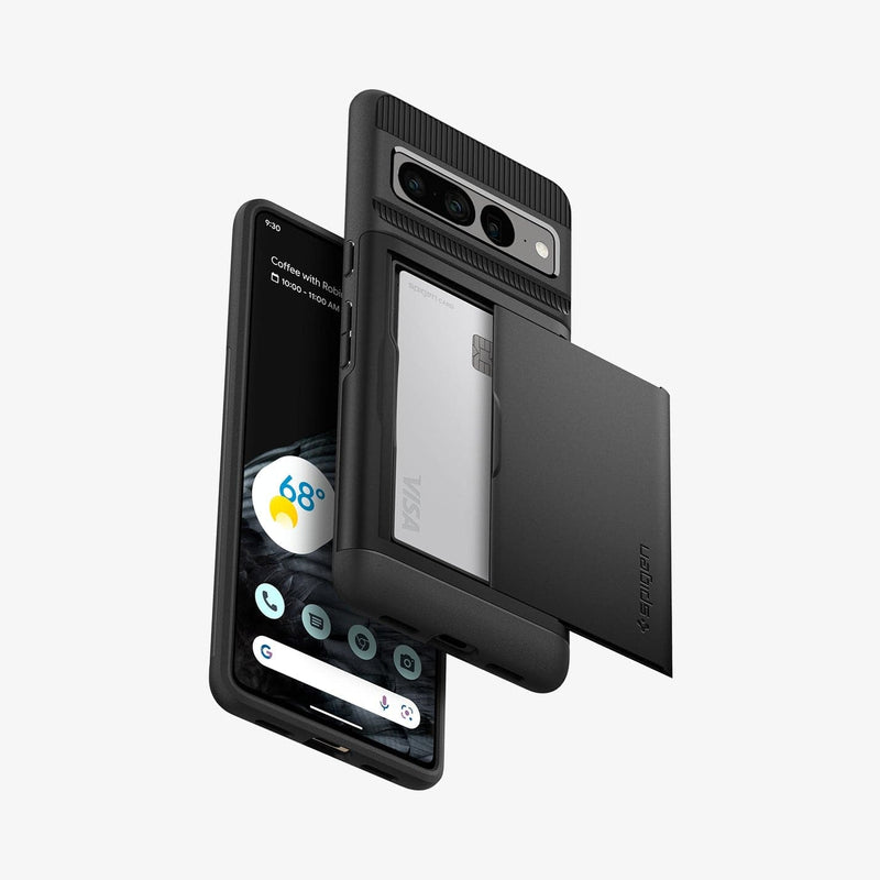 ACS04731 - Pixel 7 Pro Case Slim Armor CS in black showing the back, sides and front with card in slot